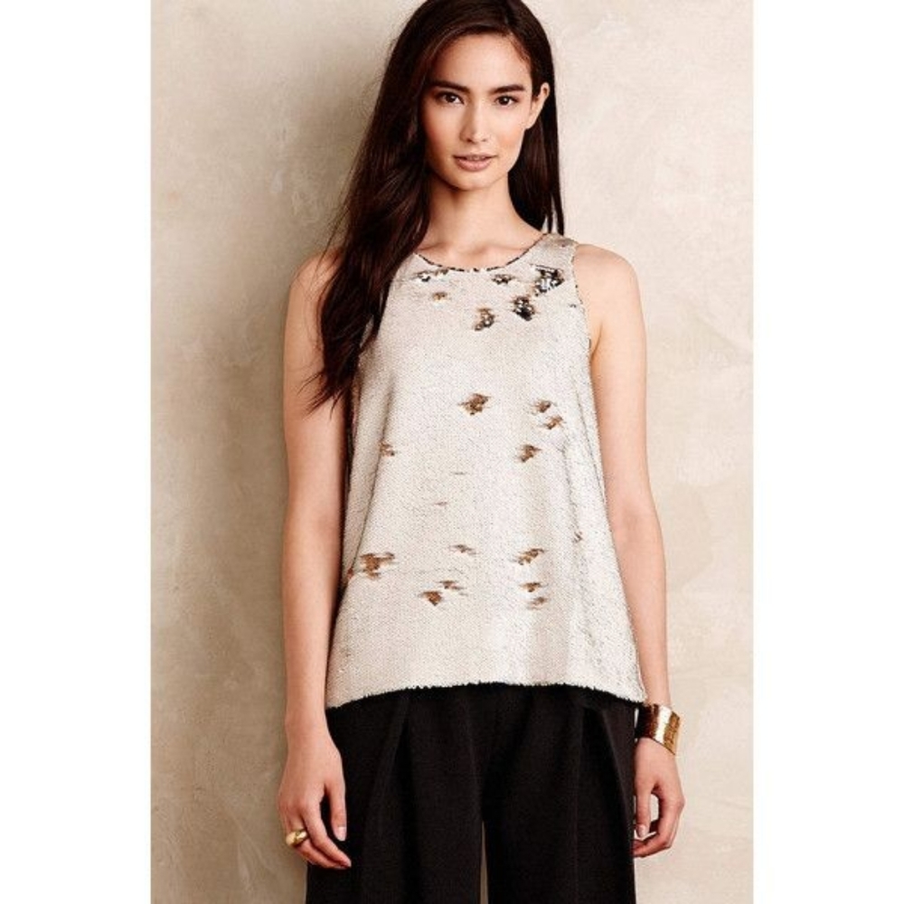 PAPER CROWN, Sequined, Cream, Gold, Sleeveless, Tank, Medium, Party